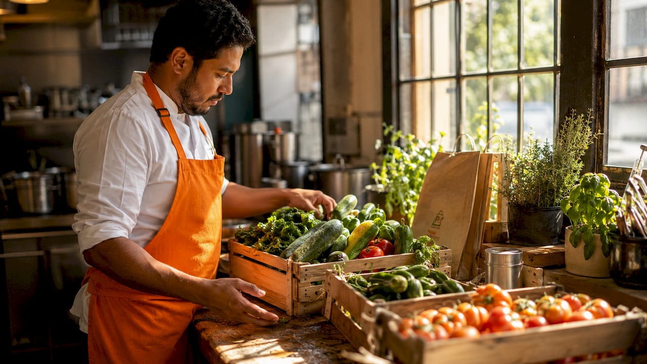 Hands using digital tablet to track kitchen stock