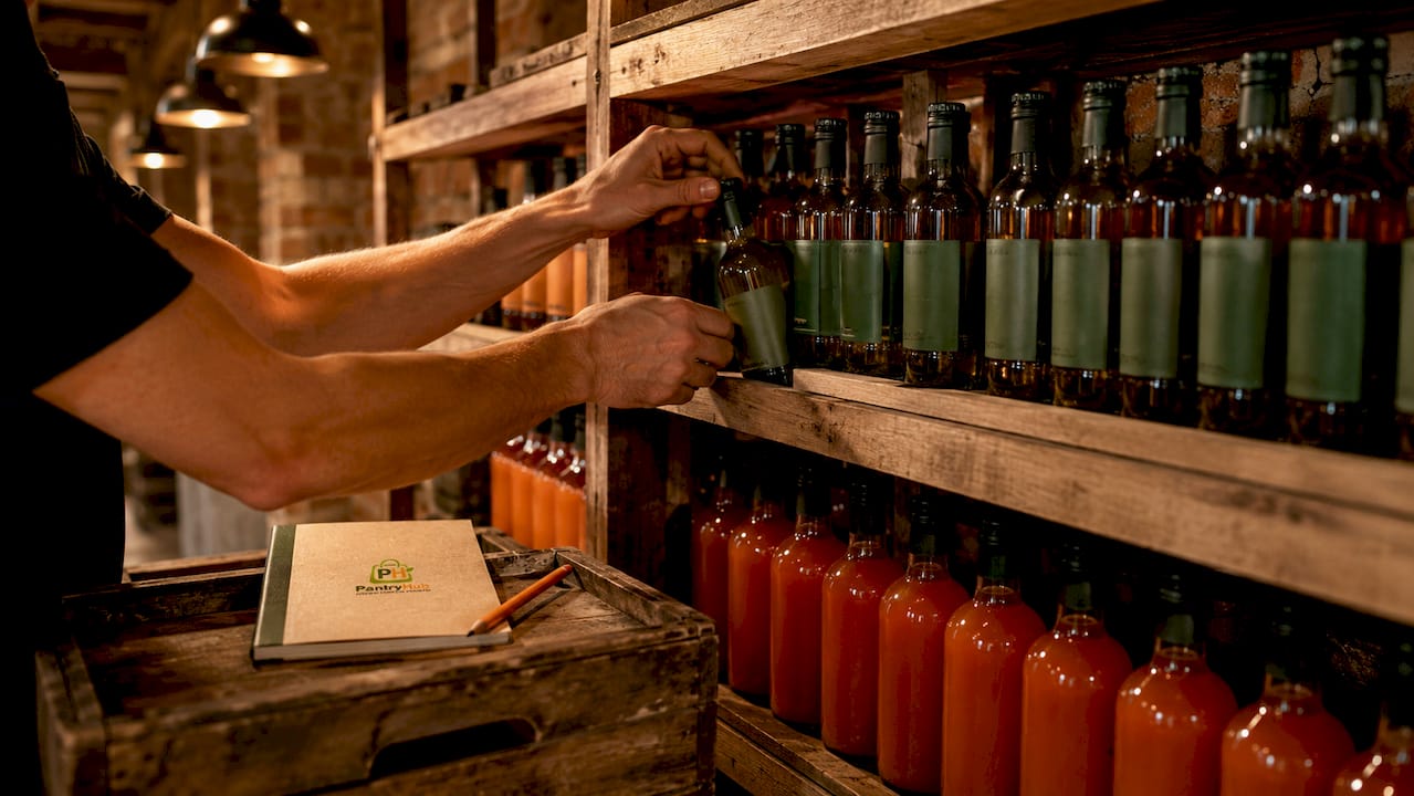 Hands organizing labeled bottles on cellar shelf