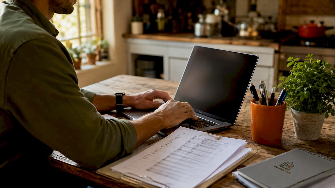 Hands entering stock data on laptop at desk