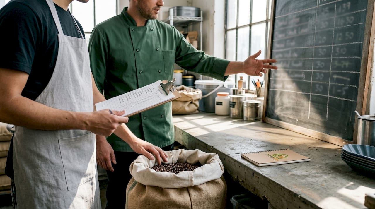 Hands examining coffee stock with reorder notes