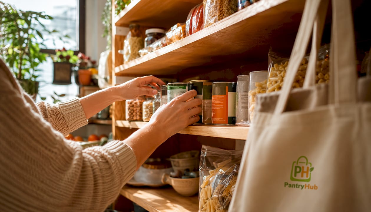 Hands arranging canned goods following FIFO method