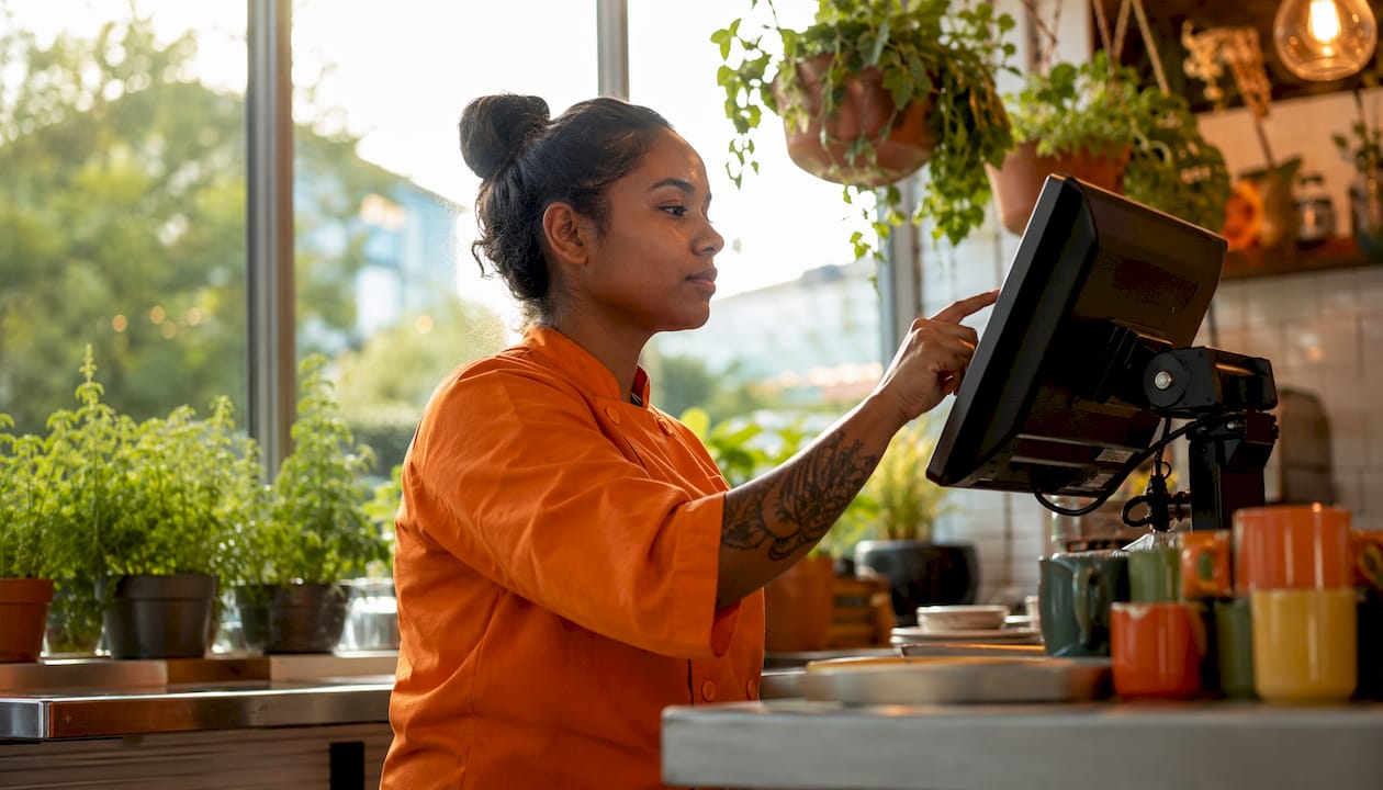 Chef interacting with POS touchscreen device