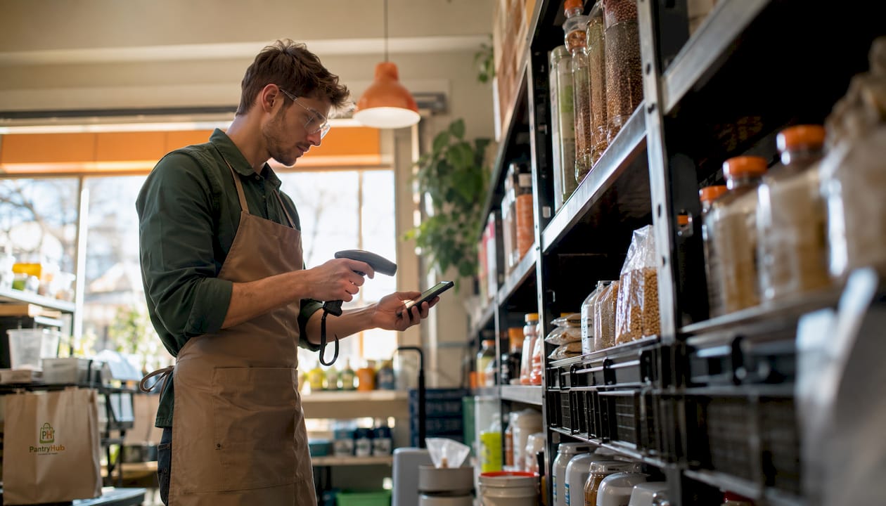 Worker scanning inventory with mobile device in storeroom