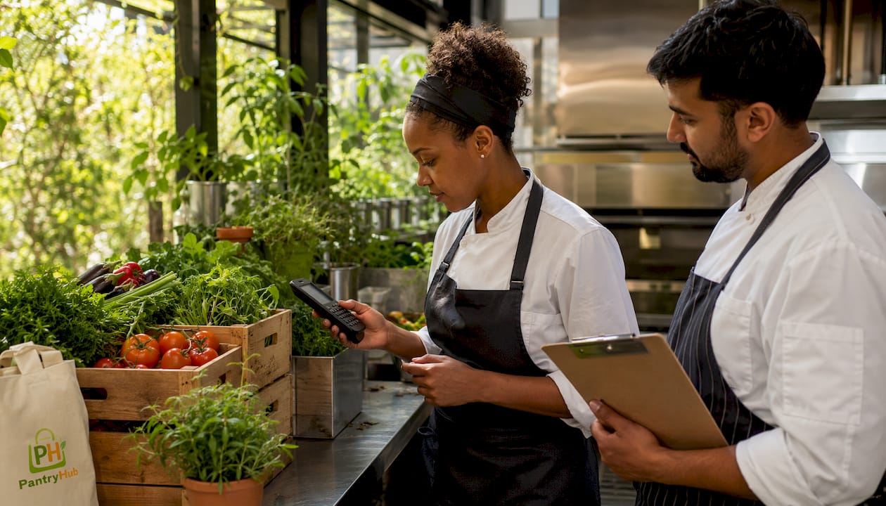 Kitchen staff using digital inventory scanner