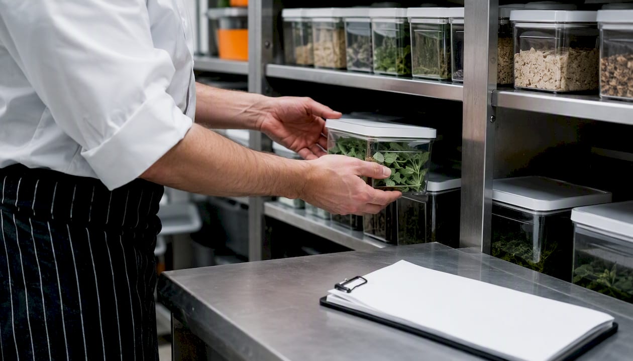 Hands transferring ingredients between kitchen storage shelves