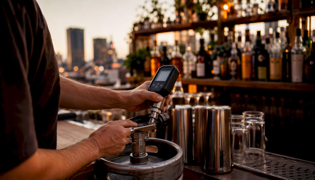 Bartender measuring keg volume with device