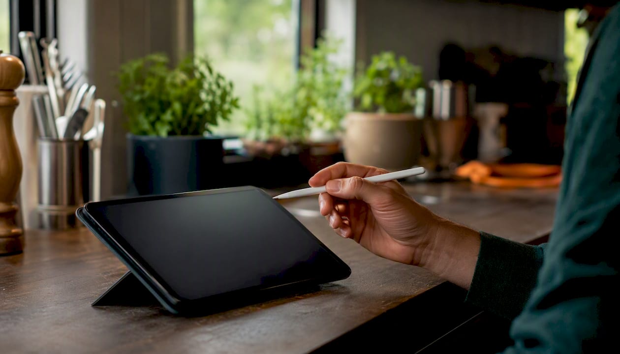 Hand near touchscreen device in kitchen