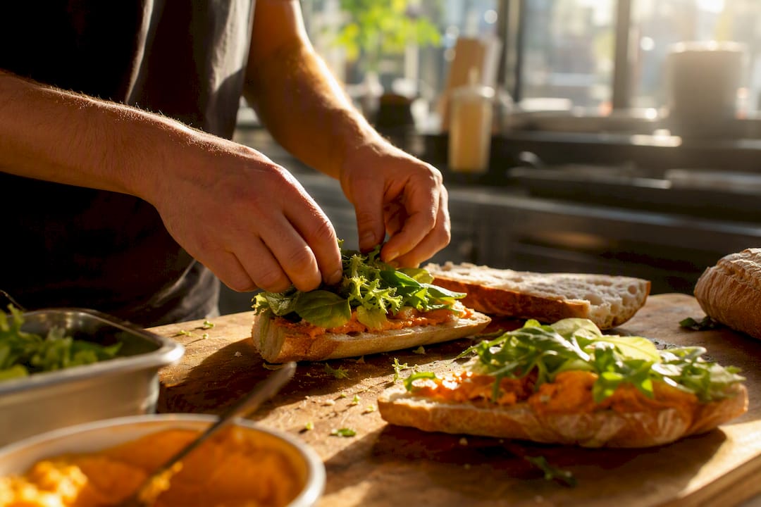 Hands preparing fresh sandwiches in kitchen