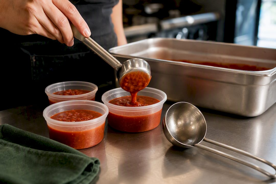 Cook portioning sauce with calibrated ladle