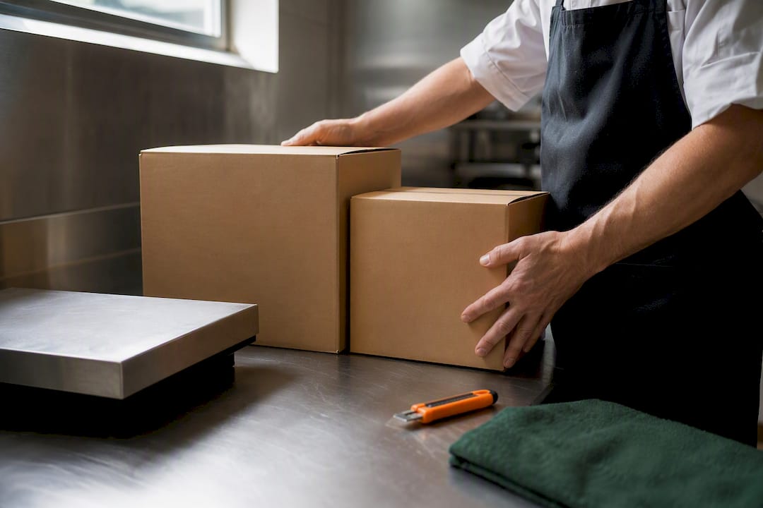 Anonymous supplier cartons beside kitchen scale