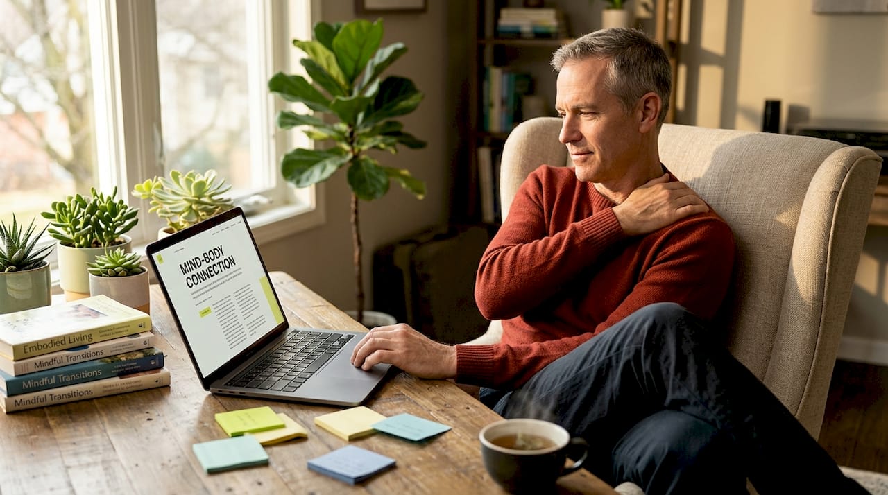 Man massaging shoulder while working at desk