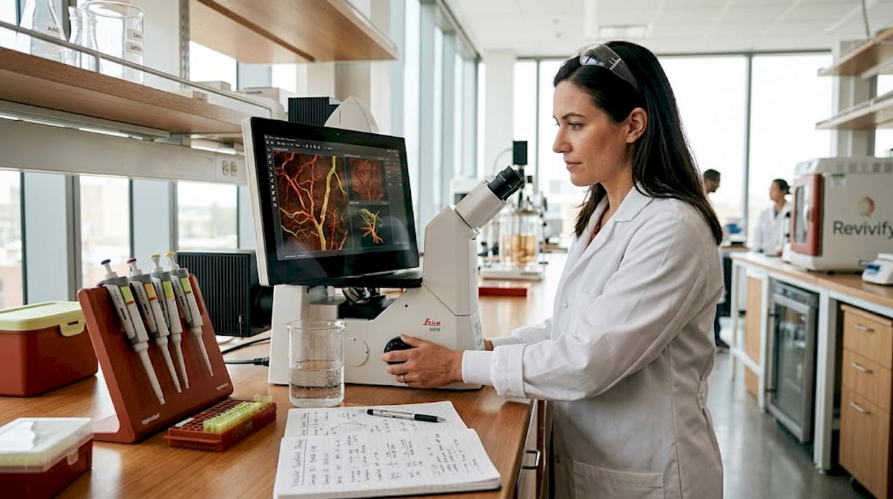 Researcher examining vascular tissue sample