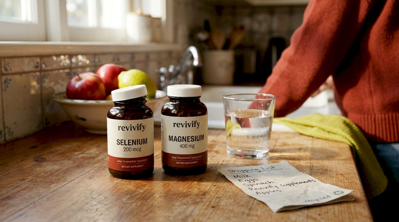 Selenium and magnesium bottles on kitchen counter