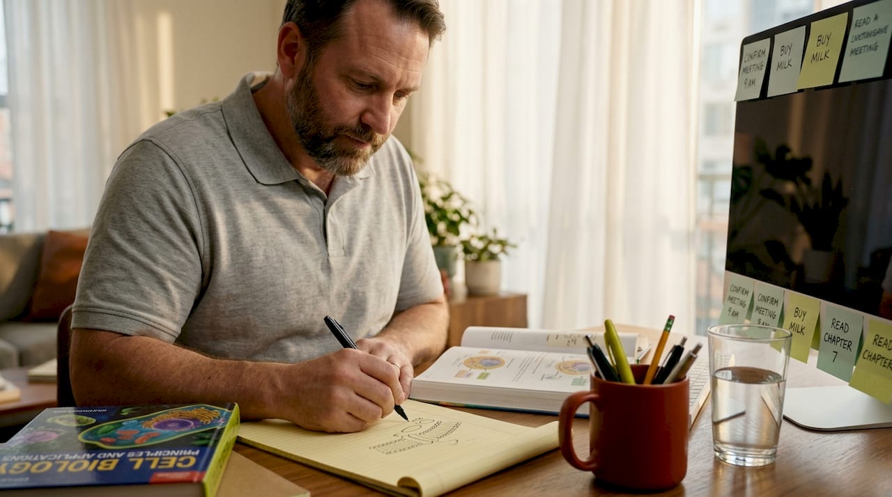 Man sketching cell membrane damage diagram at desk