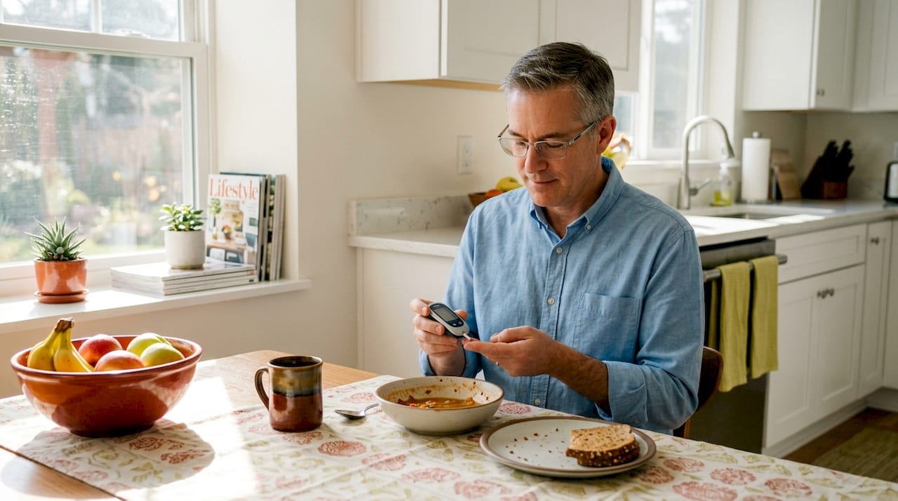 Man checks blood glucose after fiber-rich meal