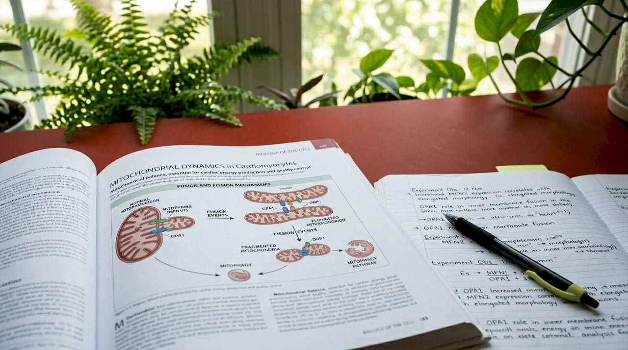 Biology textbook open on mitochondrial fusion and fission diagrams