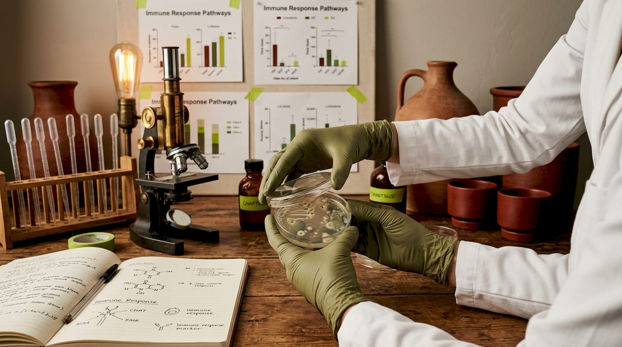Researcher handling bacterial cultures in lab