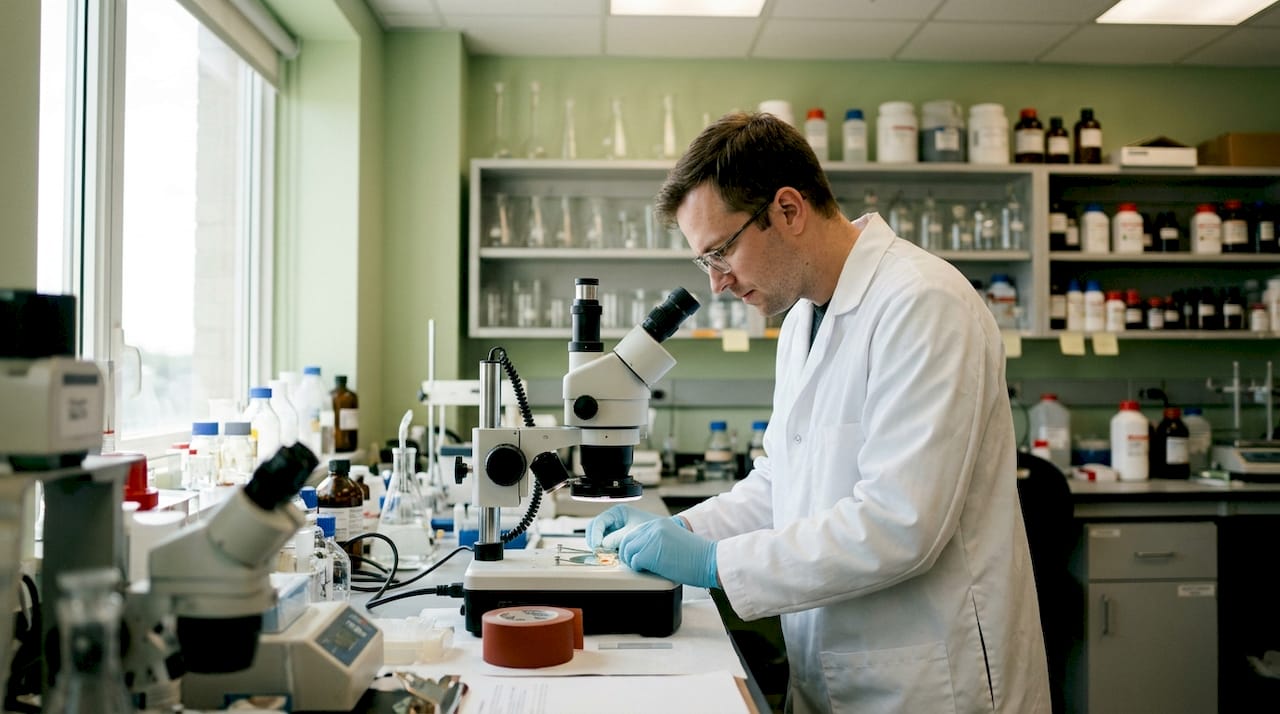 Scientist examining molecular damage slide