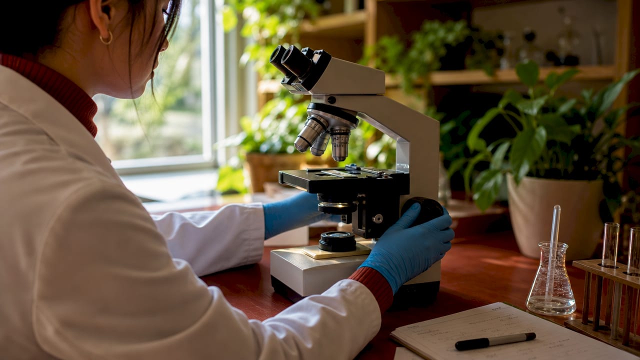 Researcher adjusting microscope in biomedical lab