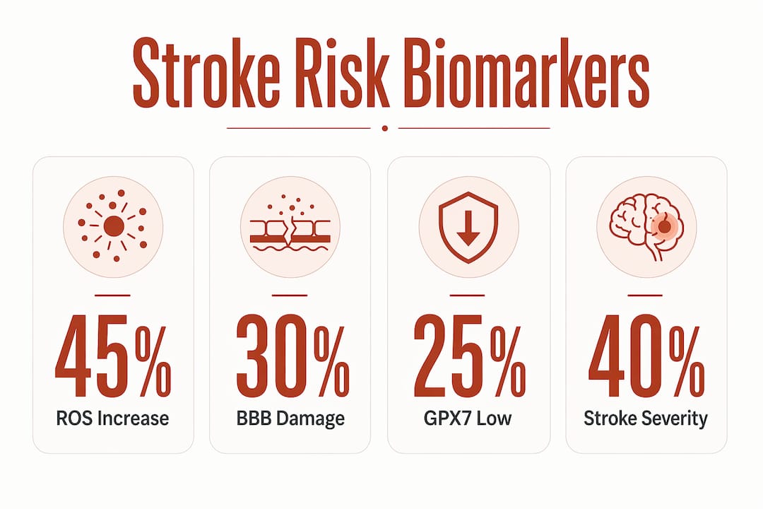 Infographic showing key oxidative stress biomarkers linked to stroke risk