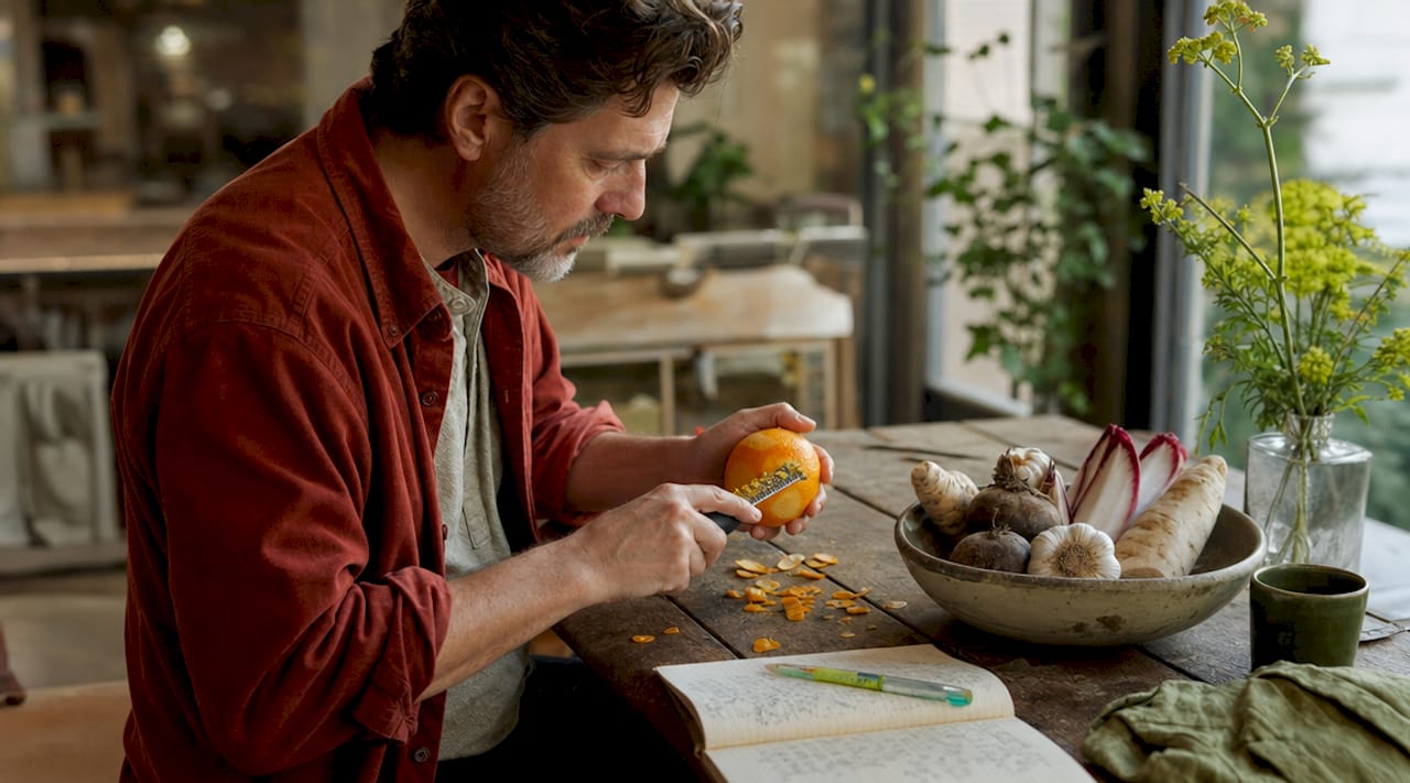 Hands peeling orange near prebiotic foods and journal