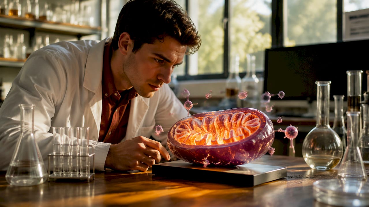 Scientist holding mitochondrion model illustrating ROS