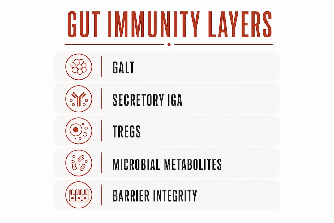Infographic illustrating gut immunity layers and components