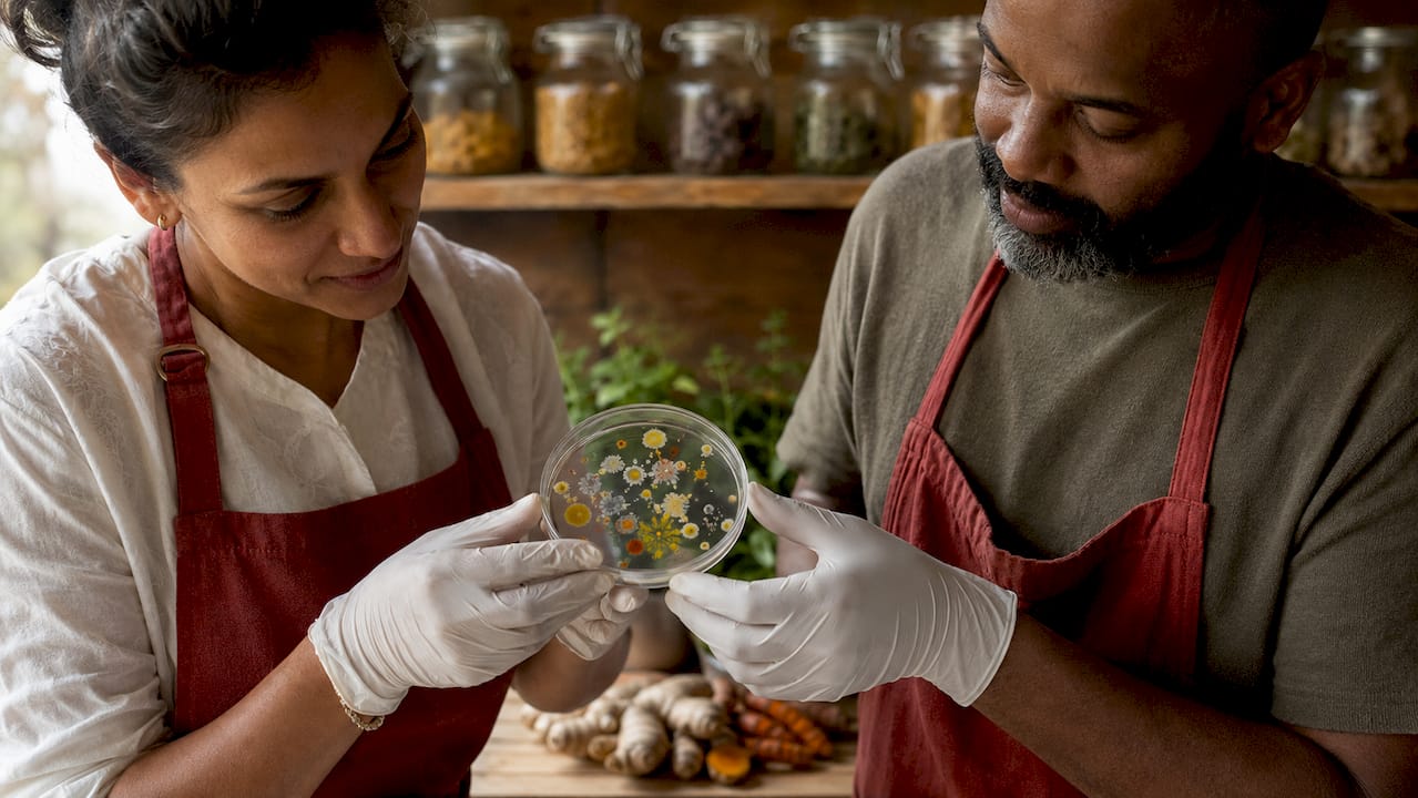 Hands holding petri dish with gut bacteria cultures