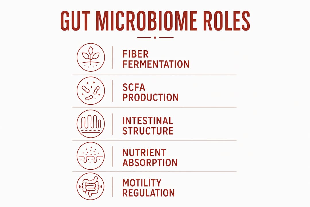 Infographic showing gut microbiome digestion roles in stages