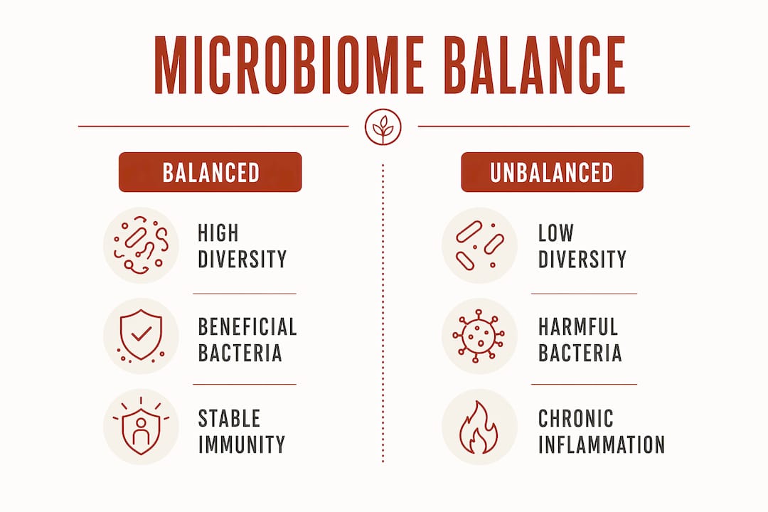 Infographic comparing balanced and unbalanced gut microbiome