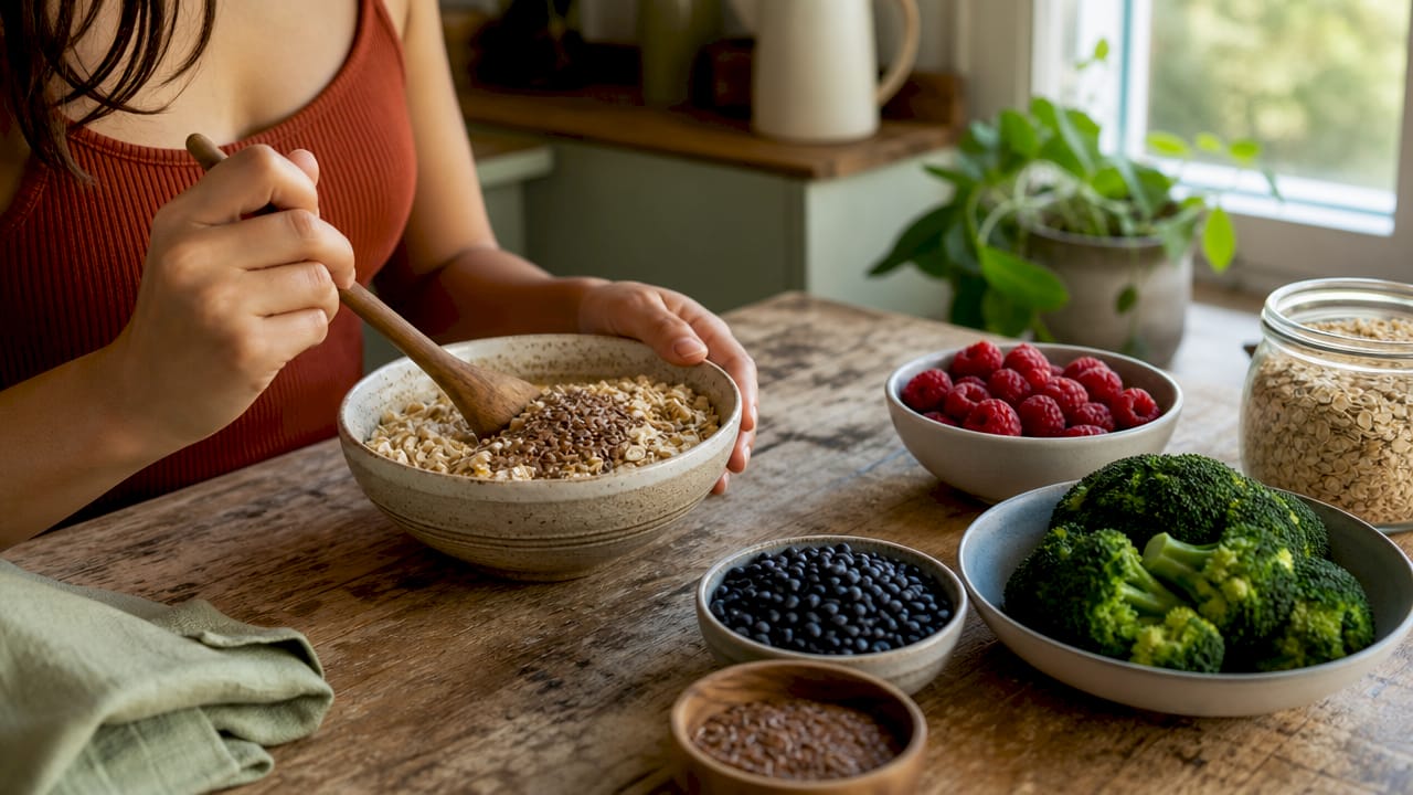 Overhead view of diverse fiber foods