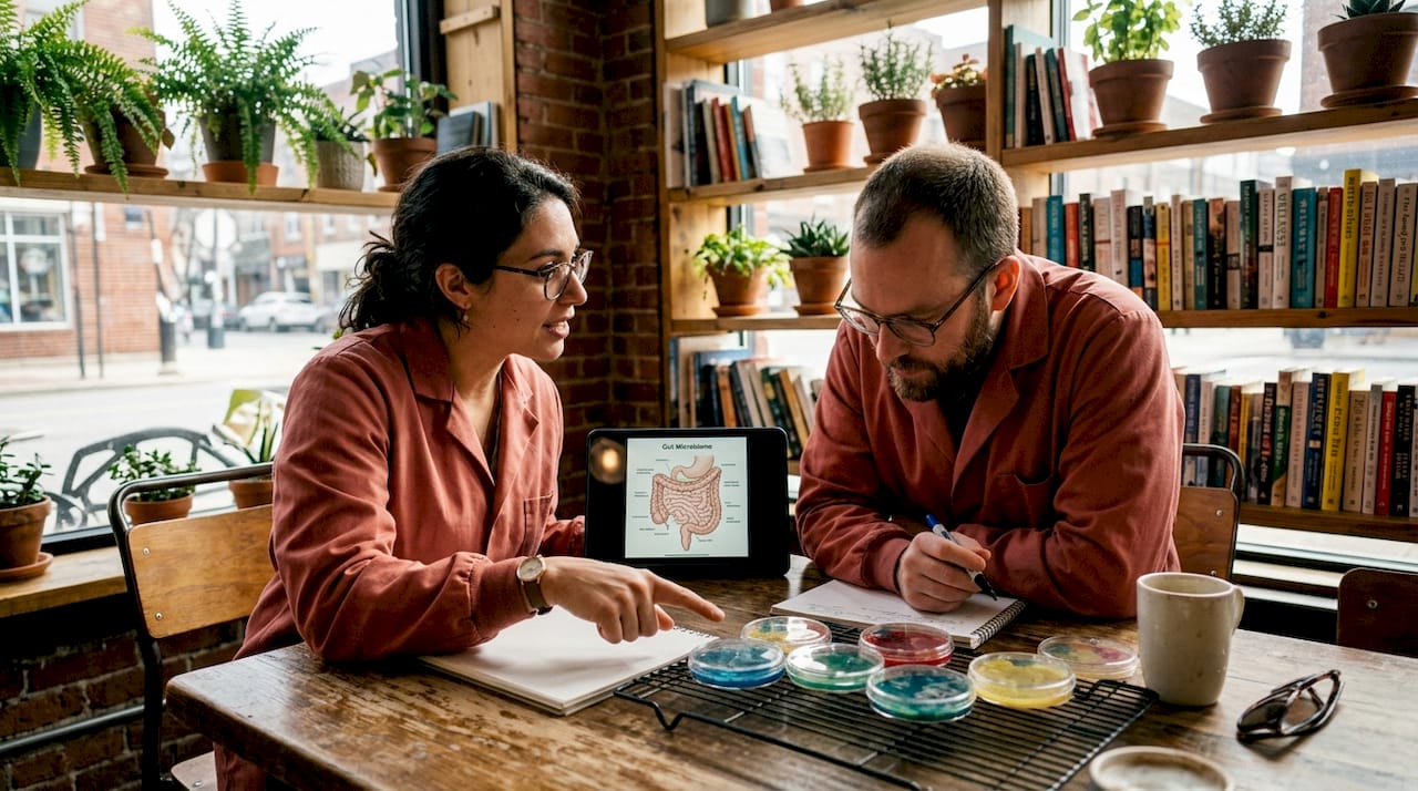Scientists examining gut bacteria samples in lab