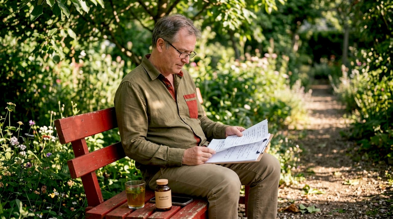 Man reviewing digestive health notes in bathroom