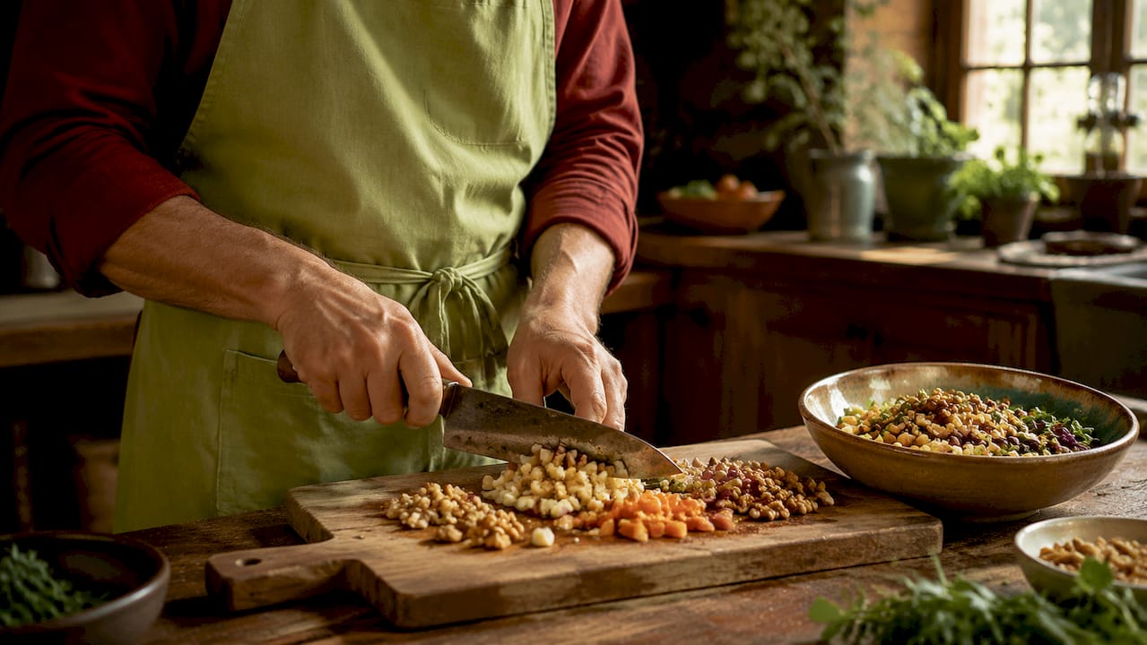 Hands chopping whole grains and nuts for fiber