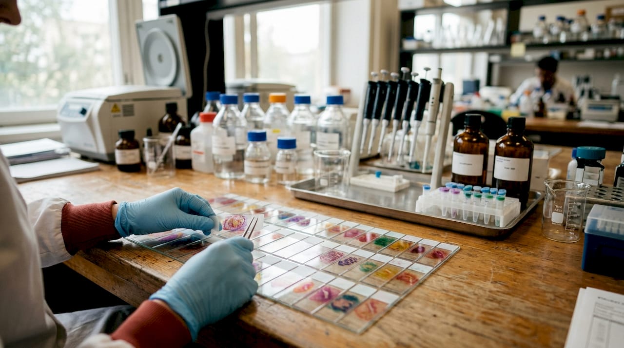 Lab technician handling mitochondrial DNA slides