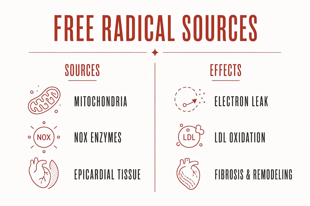 Infographic showing cardiac free radical sources and effects