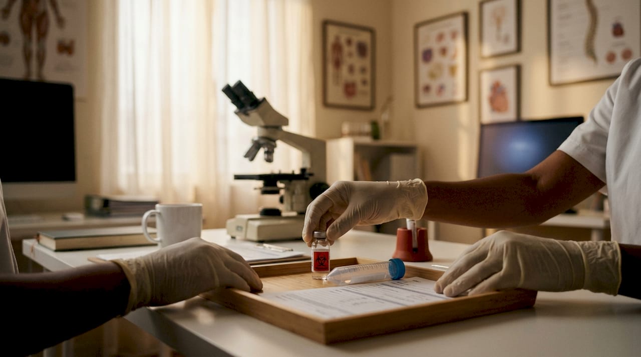 Hands preparing blood sample for oxidative stress testing