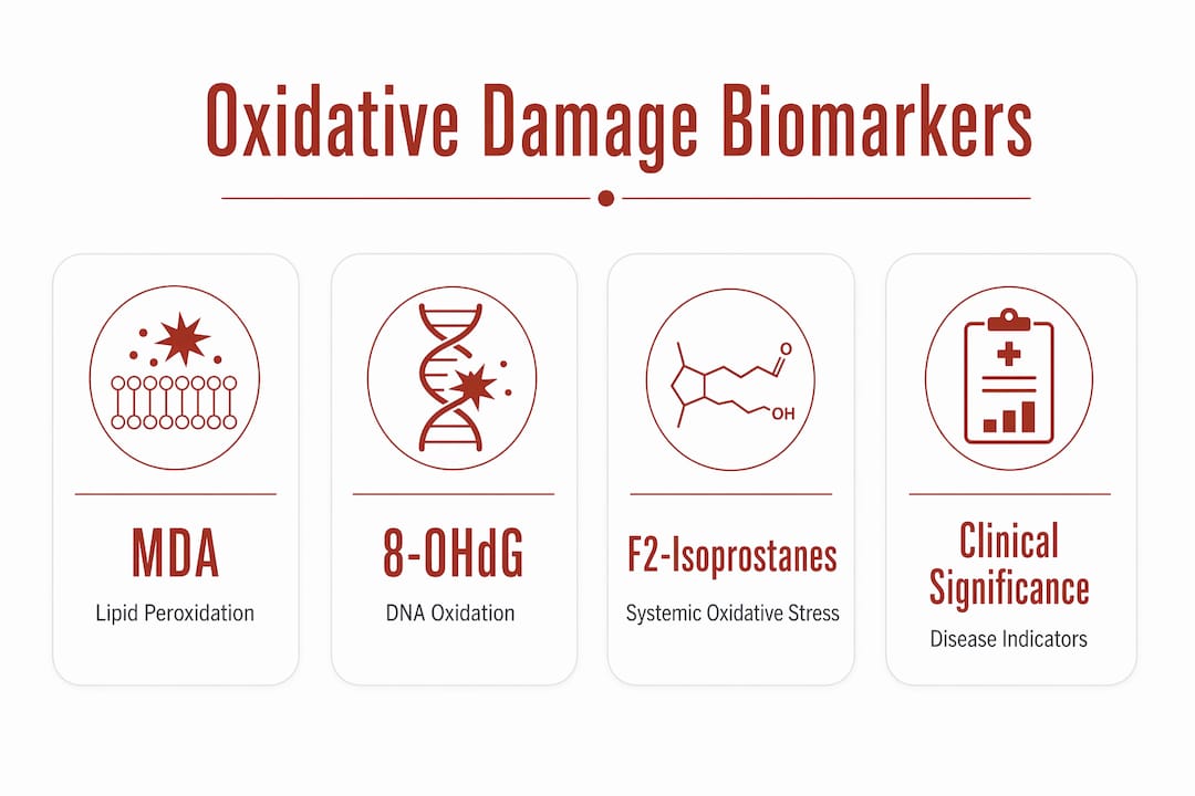 Infographic showing key oxidative damage biomarkers