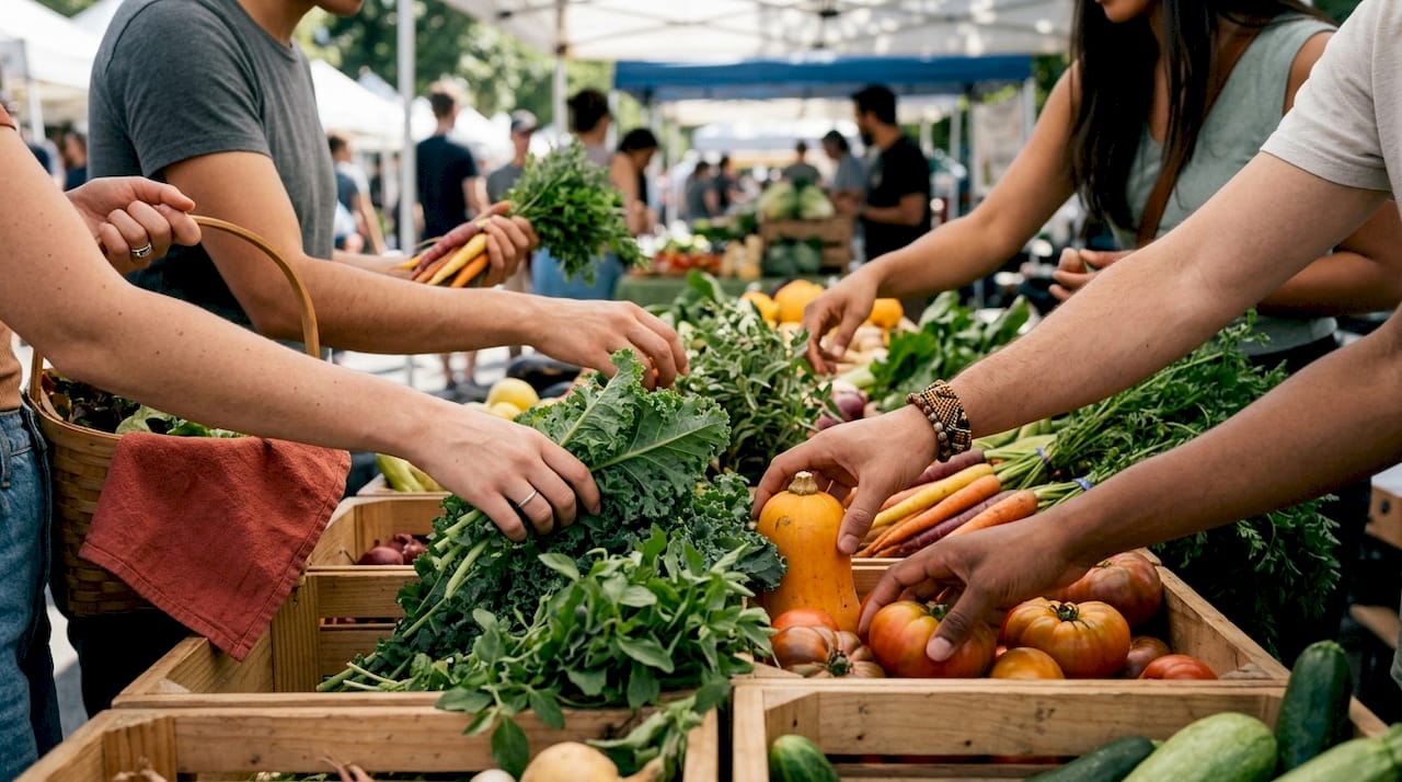 Diverse hands selecting fresh plant foods