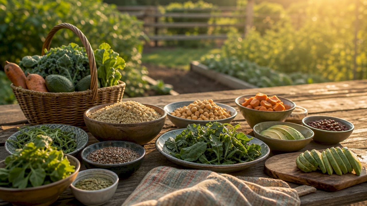 Close-up of assorted fiber-rich foods on wooden table