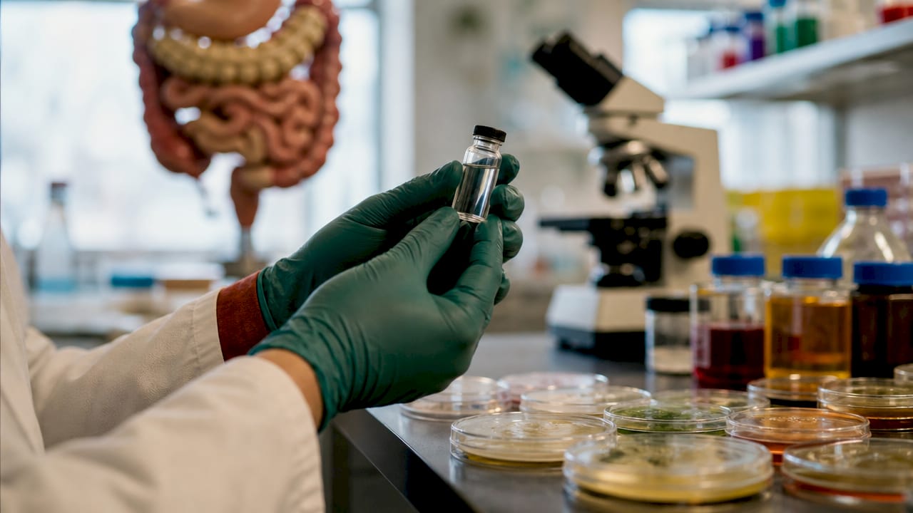 Scientist examining vial in gut bacteria lab