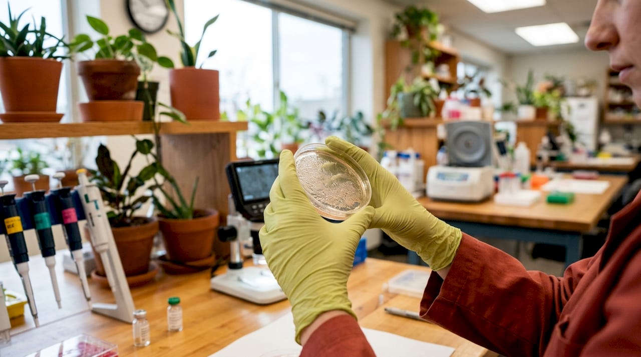 Hands holding endothelial cell culture in lab