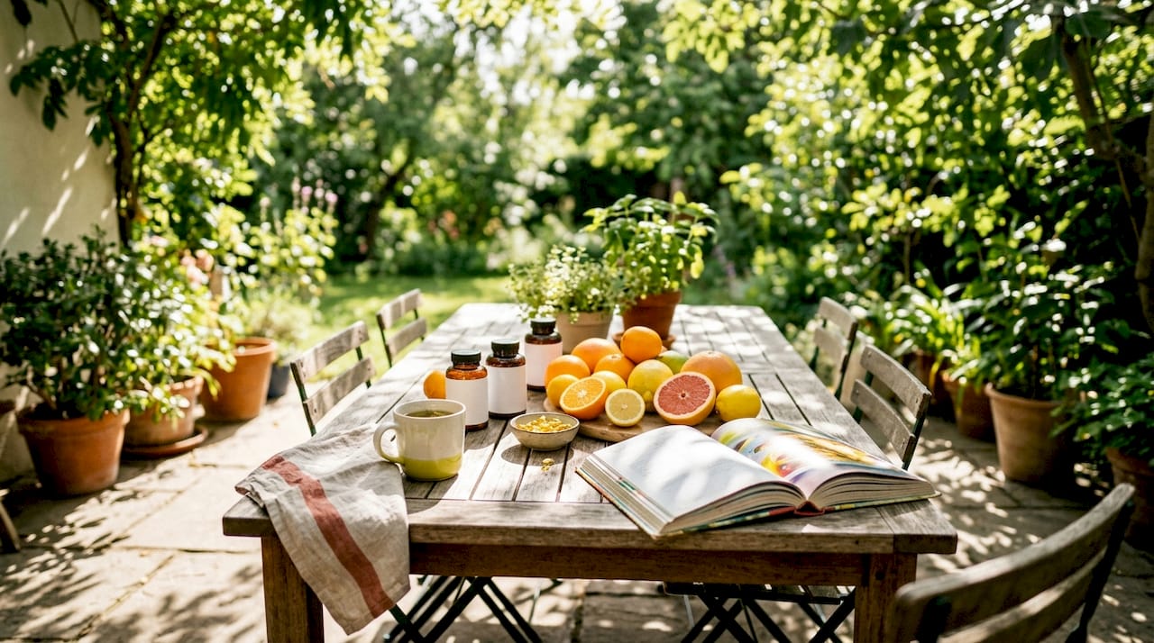 Vitamin C and D supplements with fresh fruits