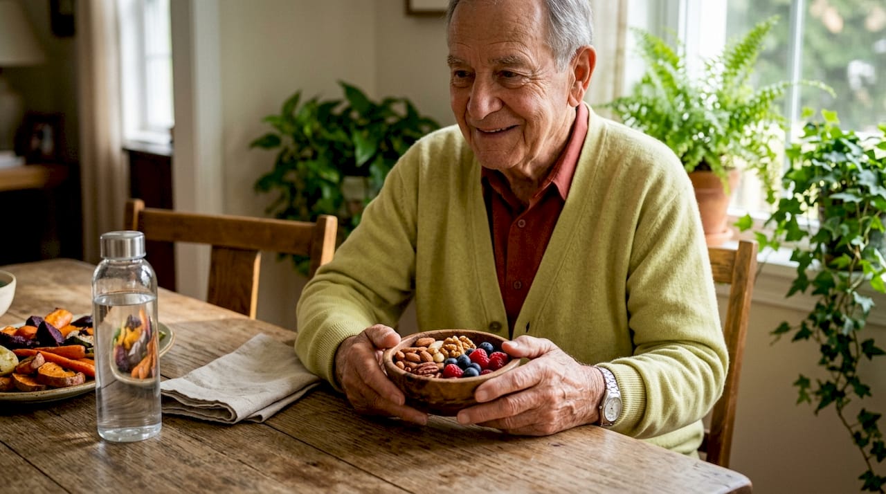 Hands holding bowl of nuts and berries