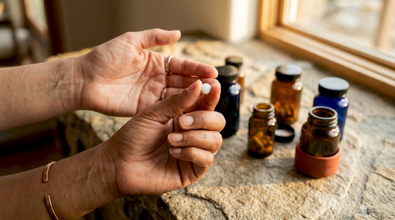 Close-up of hands holding vitamin tablet