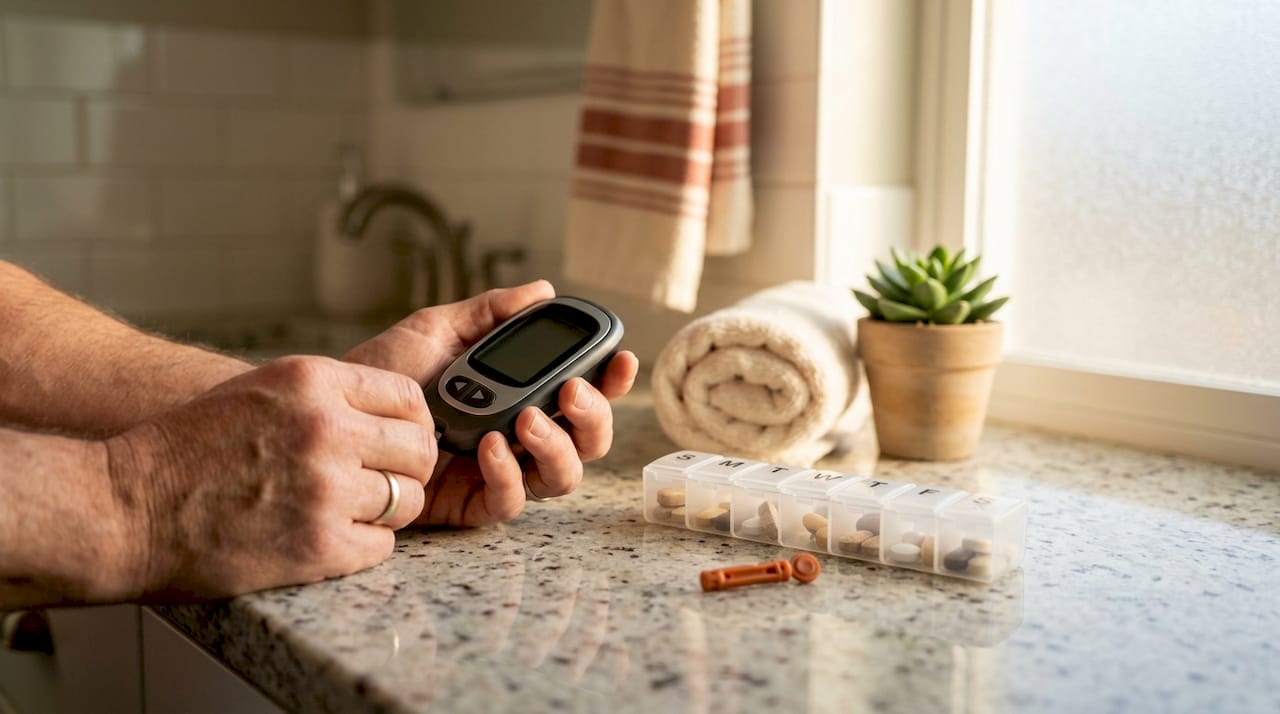 Hands holding glucometer on kitchen table