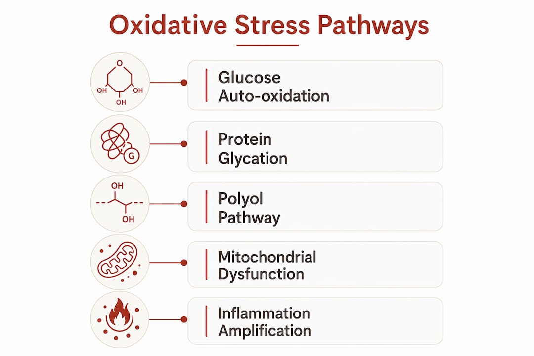 Infographic showing oxidative stress pathways related to blood sugar