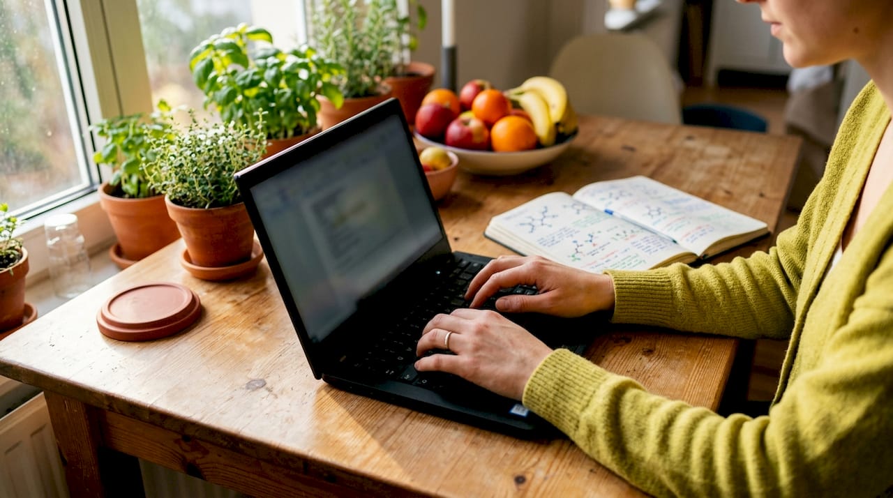 Hands typing with science journal on desk