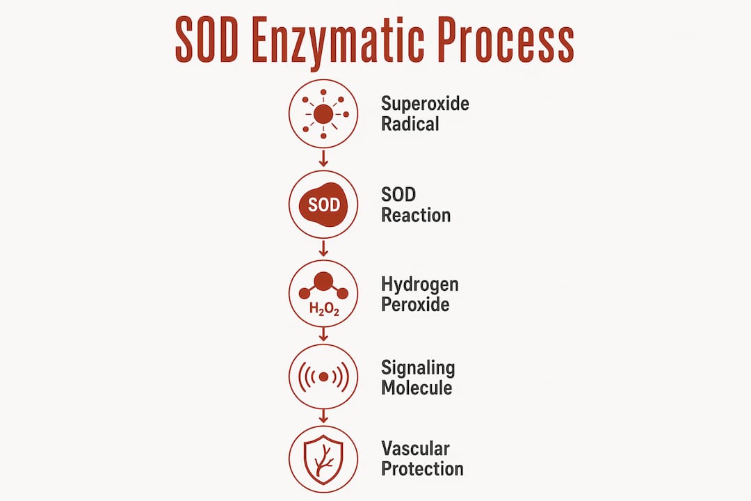 Infographic illustrating stages of SOD enzymatic function protecting vessels