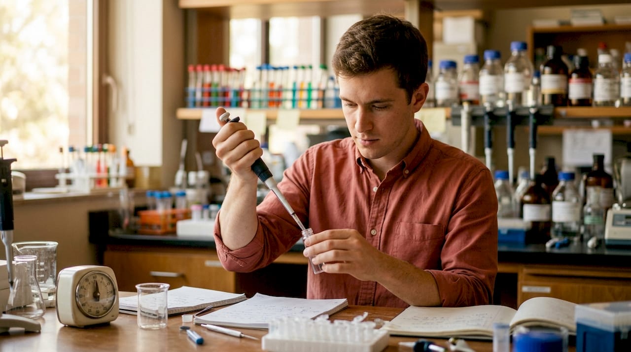 Scientist pipetting in biology laboratory, close-up of hands